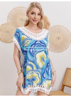 Direct And Blue Printed Blouse Seaside Hand Hook Crochet Wool Cotton Beach Skirt-Color:sky Blue-