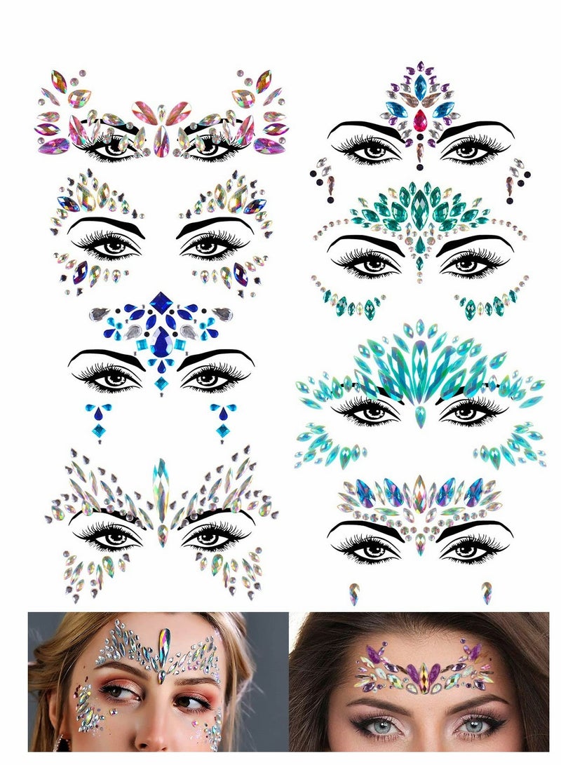 Excefore Face Jewels, Gems, 8 Sets Mermaid Stick On, Rhinestones Rave Eyes Body Bindi Temporary Stickers Crystal Decorations Fit for Festival Party - Image 1