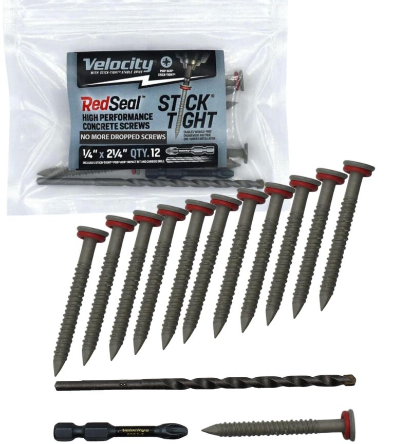 Phillips' Velocity 2 1/4 Concrete Screws (Flat Head, 1/4") - Includes 12 High-Performance Cement Screws for Concrete with RedSeal Moisture Barrier, 1 PSD ACR Drive Bit and 1 Carbide Concrete Drill Bit - Image 1