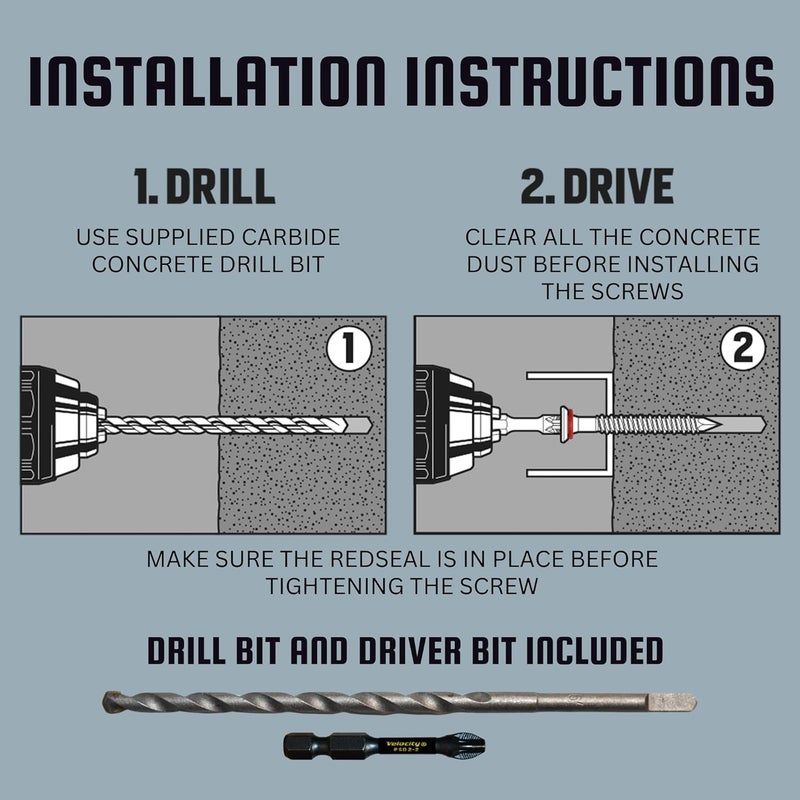 Phillips' Velocity 2 1/4 Concrete Screws (Flat Head, 1/4") - Includes 12 High-Performance Cement Screws for Concrete with RedSeal Moisture Barrier, 1 PSD ACR Drive Bit and 1 Carbide Concrete Drill Bit - Image 3