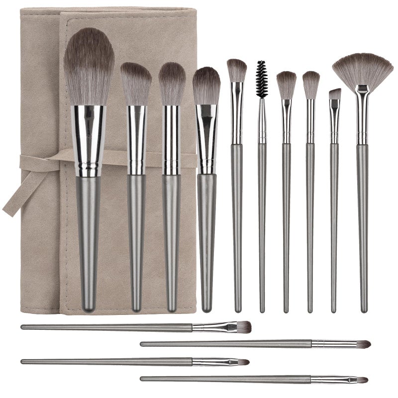 Amrules Makeup Brushes 14 Pcs Professional Makeup Brush Set Eye and Face Foundation Brush Set Eyeshadow Brushes Cosmetic Brushes with PU Bag Grayish