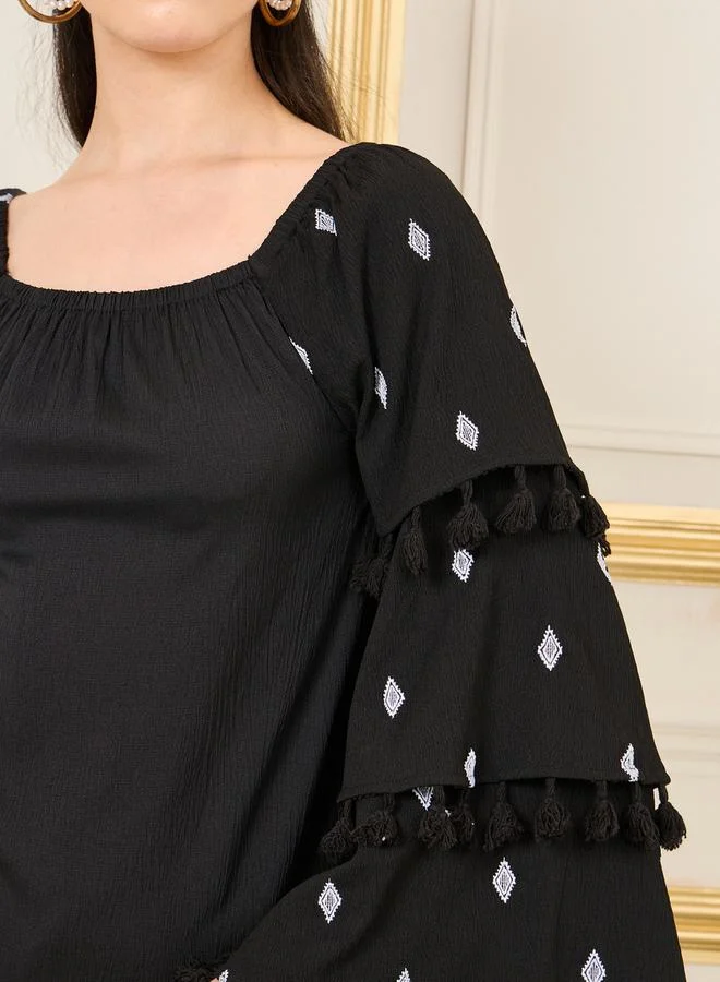 Styli Embroidered LayerTassel Detail Sleeves Regular Fit Blouse