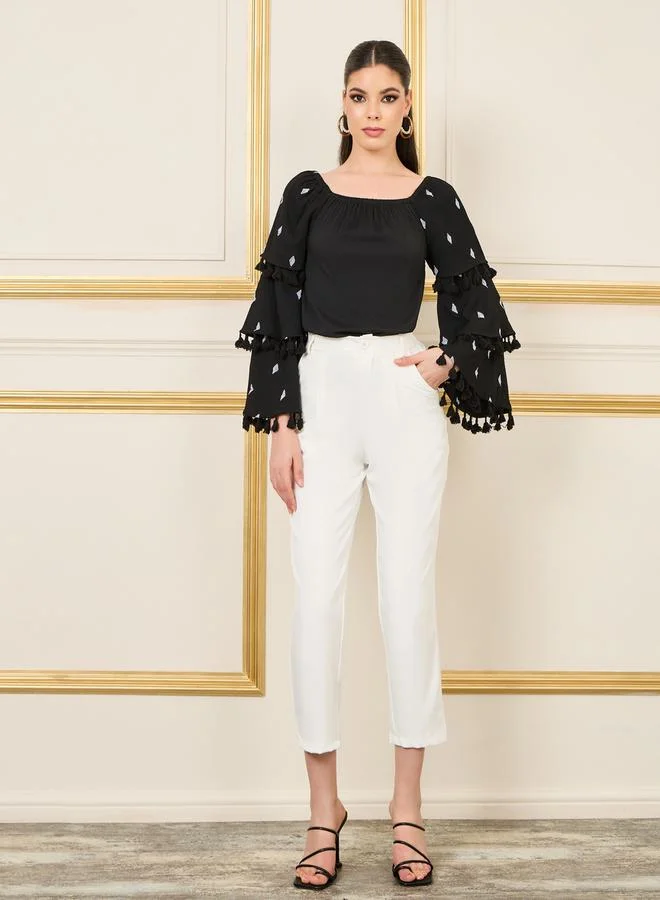 Styli Embroidered LayerTassel Detail Sleeves Regular Fit Blouse