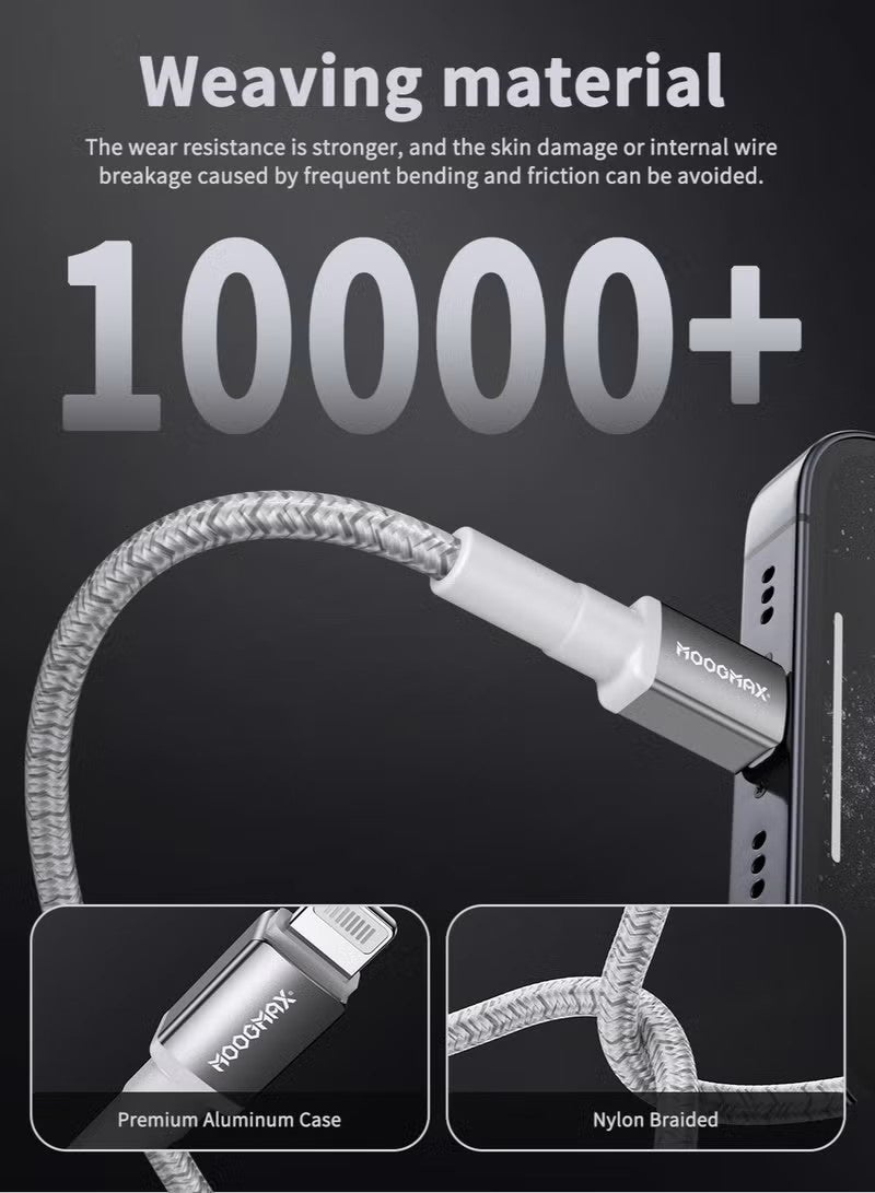 MOOGMAX Genuine MFi certified iPhone charging cable. 1-meter iPhone cable. Supports fast charging up to 60W. Made of durable, cut-resistant fabric. Compatible with all iPhones with a Lightning port, up to the iPhone 14 Pro Max. MogMax iPhone charging cable. White. - Image 2