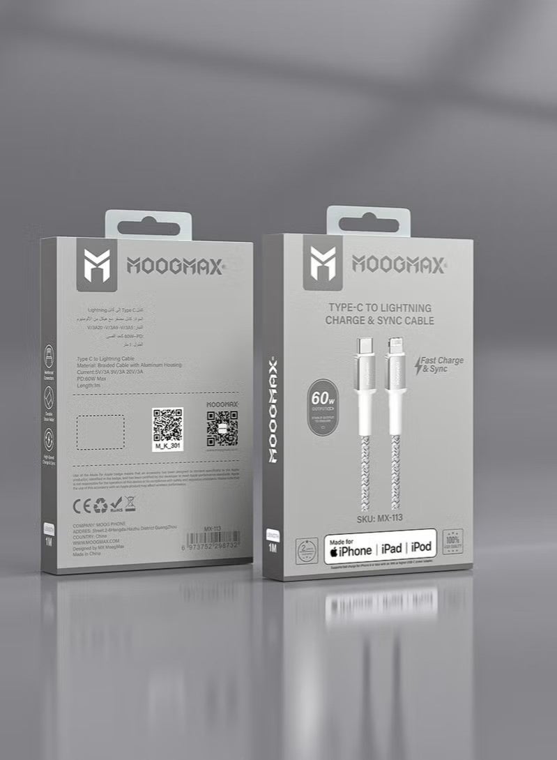 MOOGMAX Genuine MFi certified iPhone charging cable. 1-meter iPhone cable. Supports fast charging up to 60W. Made of durable, cut-resistant fabric. Compatible with all iPhones with a Lightning port, up to the iPhone 14 Pro Max. MogMax iPhone charging cable. White. - Image 1