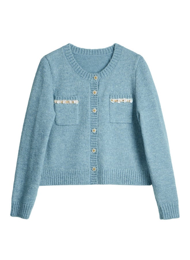 Olrain Eurielle Little Chanel Style Knit Cardigan Women Autumn New Simple Commuter Knit Jacket Top Blue S - Image 3