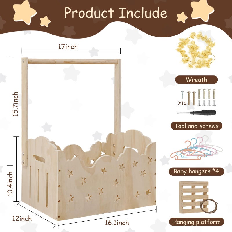 DPDPPL Wooden Baby Shower Crate Closet with Star Design, Hangers & Handle, Large Wooden Crate for Baby Shower Display, Newborn Welcome Basket, Nursery Storage & Decor Organizer - Image 4