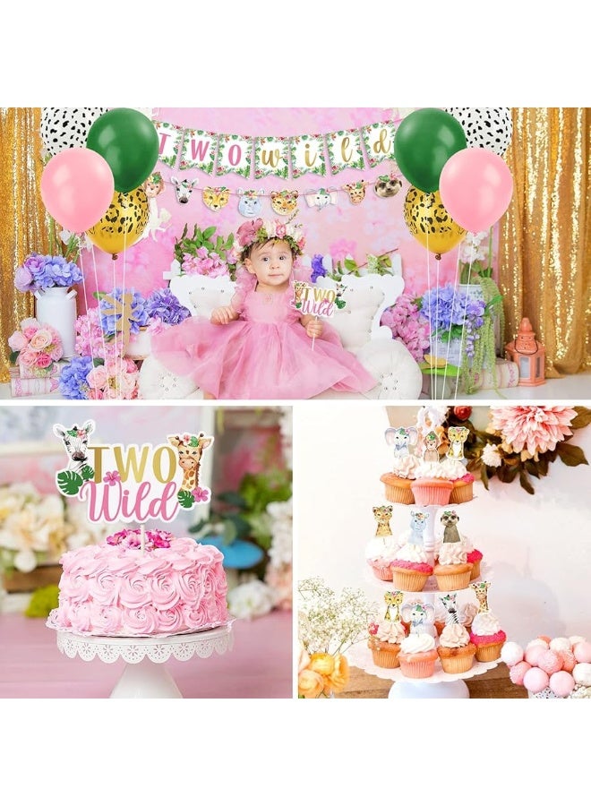 Bessmoso Two Wild Birthday Decorations Floral Jungle Themed 2nd Birthday Banner Cake Cupcake Toppers and Balloons for Girls Pink Wild Safari Animals Party Supplies Boho - Image 1