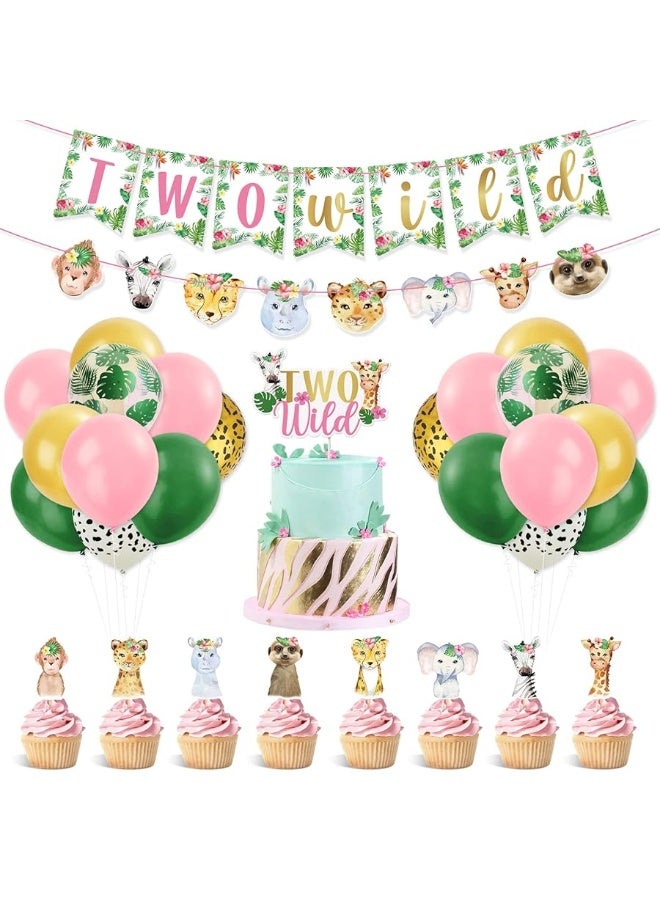 Bessmoso Two Wild Birthday Decorations Floral Jungle Themed 2nd Birthday Banner Cake Cupcake Toppers and Balloons for Girls Pink Wild Safari Animals Party Supplies Boho - Image 3