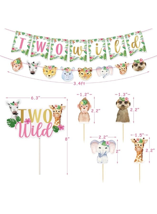 Bessmoso Two Wild Birthday Decorations Floral Jungle Themed 2nd Birthday Banner Cake Cupcake Toppers and Balloons for Girls Pink Wild Safari Animals Party Supplies Boho - Image 2