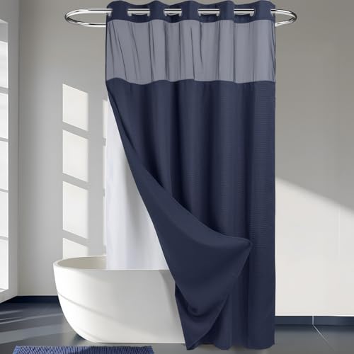 Heavyweight No Hooks Required Dotted Waffle Weave Shower Curtain with Snap in Liner Extra Long 71W x 86HHotel GradeSpa Like Bath CurtainNavy