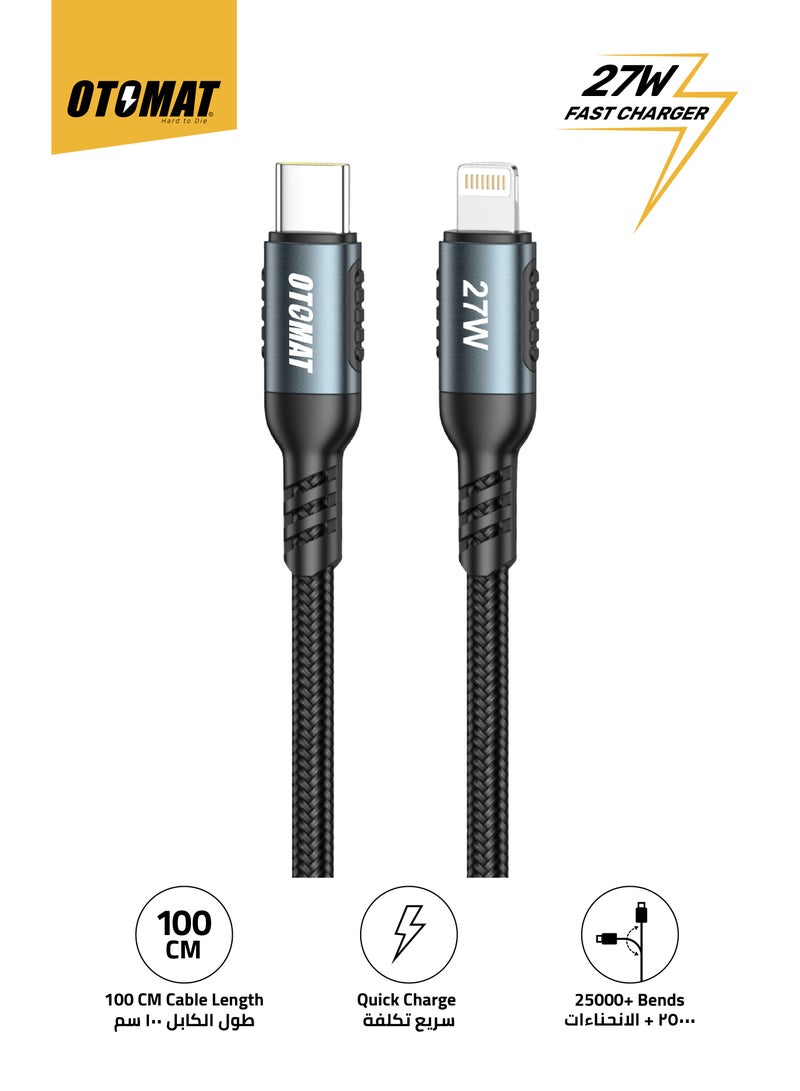 OTOMAT 27W Fast Charging Cable – Type C to Lightning, 1M Cable, iPhone Charger, iPad Charger, High-Speed Data Transfer, Type C Cable Fast Charger, Nylon Braided, Quick Charge for iPhone 14/13/12/11/XS, iPad 9 & All Lightning Device - Black - Image 1