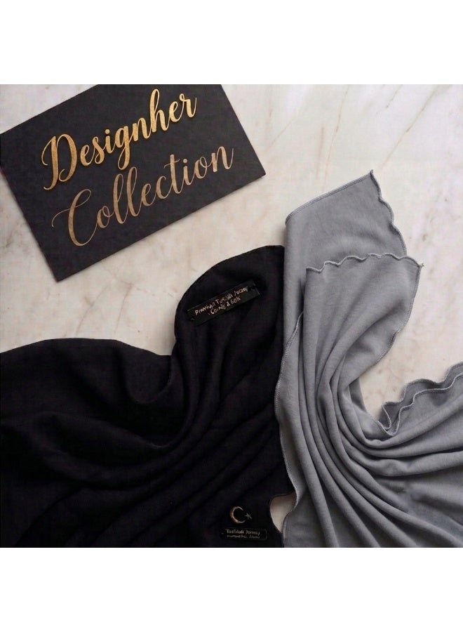 2x Premium Turkish Jersey Hijab for Women – Soft, Stretchable, Non-Slip Headscarf, 180x70cm, Black,  Light Grey - Image 1