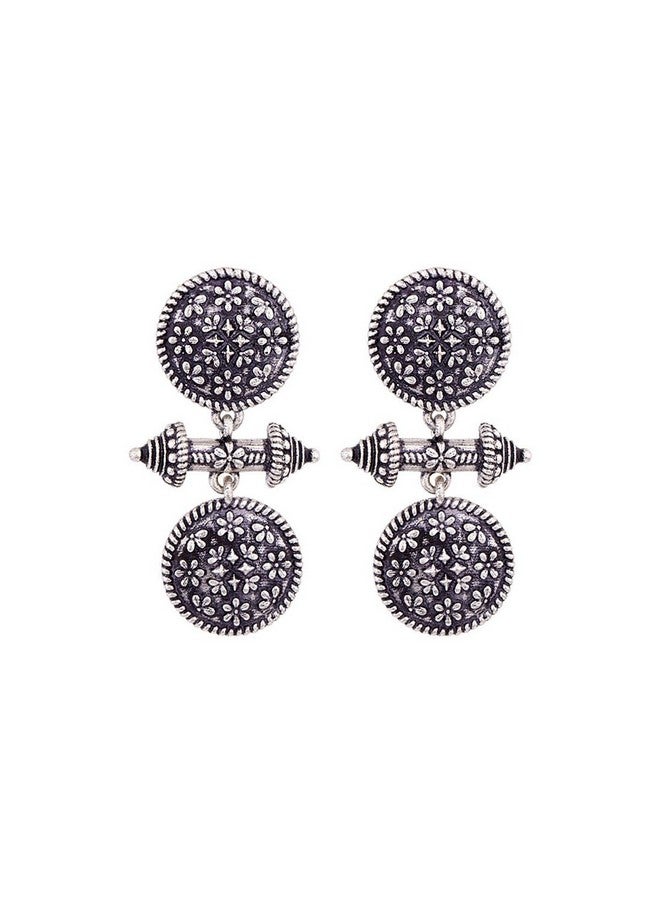 Voylla Traditional Oxidised Silver Plating Brass Oxidized Round Geometric Pattern Floral Boho Style Floral Dangle Earrings for Women and Girls - Image 1