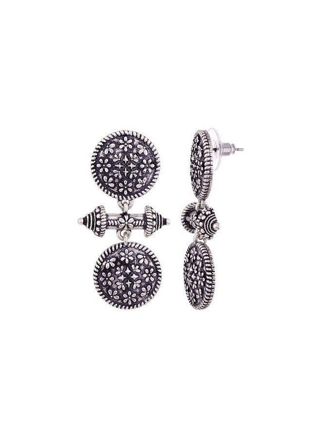 Voylla Traditional Oxidised Silver Plating Brass Oxidized Round Geometric Pattern Floral Boho Style Floral Dangle Earrings for Women and Girls - Image 4