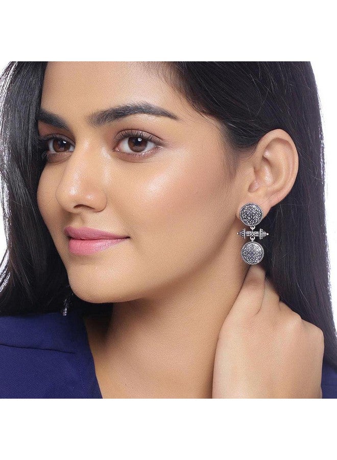 Voylla Traditional Oxidised Silver Plating Brass Oxidized Round Geometric Pattern Floral Boho Style Floral Dangle Earrings for Women and Girls - Image 3