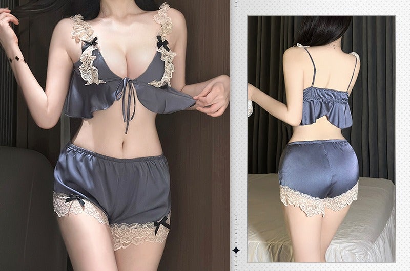 Women's Ice Silk Pajama Set, Camisole and Shorts Two-Piece Sleepwear, Lace Detail Comfortable Homewear