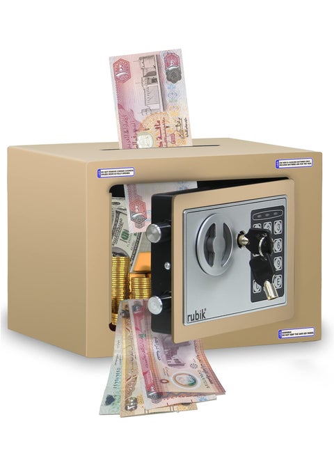 Mini Cash Deposit Drop Slot Safe Box with Key and Pin Code Option Size 23x17x17cm (Gold)