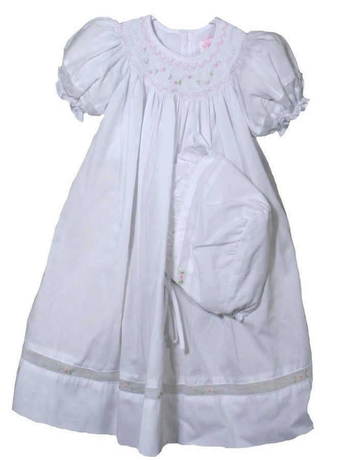 Petit Ami Girls White Dress & Bonnet Pink Smocking Dedication Outfit Preemie-24m (Preemie) - Image 1
