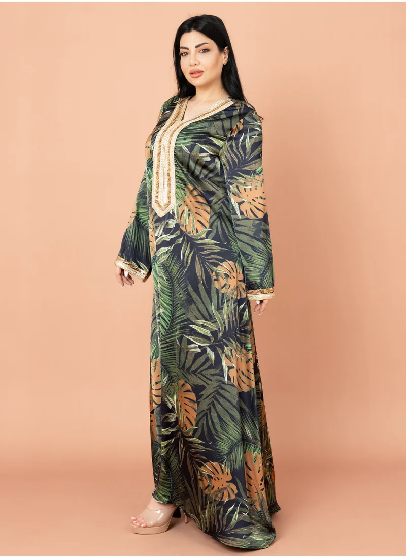 IKKXA Leaves Pattern Embroidered Jalabiya Green
