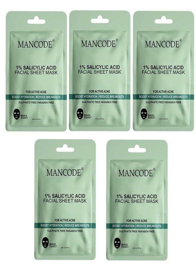 كود الرجل قناع الوجه الورقي مانكود بحمض الساليسيليك 1%، 25 مل، يعزز الترطيب، يقلل من ظهور البثور وحب الشباب النشط، يصغر المسام، يفتح البشرة ويعزز إشراقتها. قناع ورقي كوري للرجال والنساء، مجموعة أقنعة ورقية، عبوة من 5 قطع. - Image 1