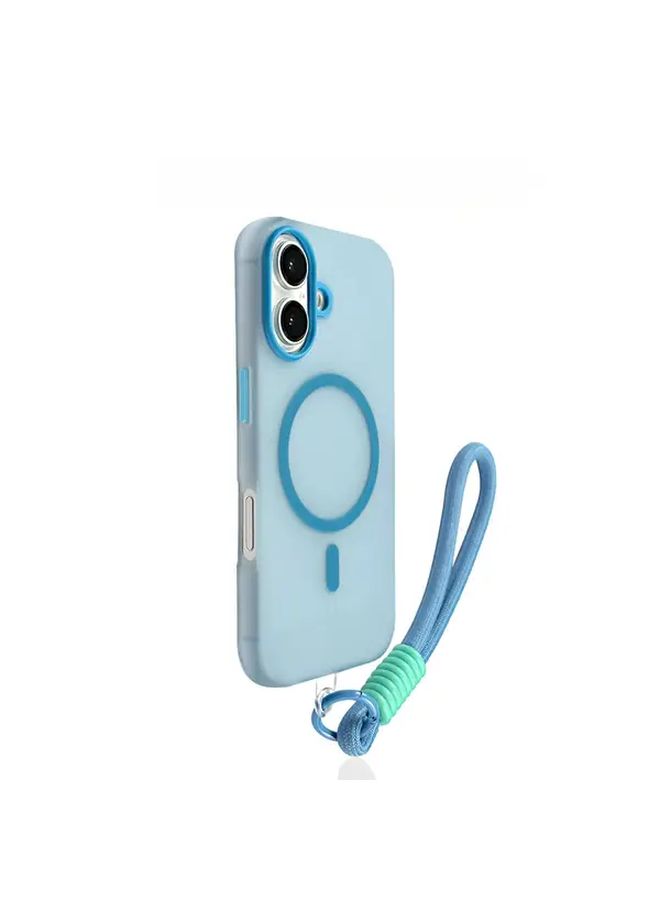 غطاء هاتف ناعم من السيليكون باللون الأزرق الفاتح، مزود بمغناطيس، متوافق مع iPhone 16 Pro، مع حبل عنق وحواف واقية - Image 1