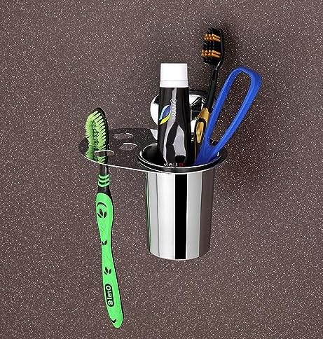 iSTAR Stainless Steel Wall Mounted Toothbrush and Tumbler Holder Set | Corrosion Resistant Multipurpose Glass Toothpaste Stand for Bathroom, Wash Basin, Hotels and Home (Silver, Pack of 2) - Image 2