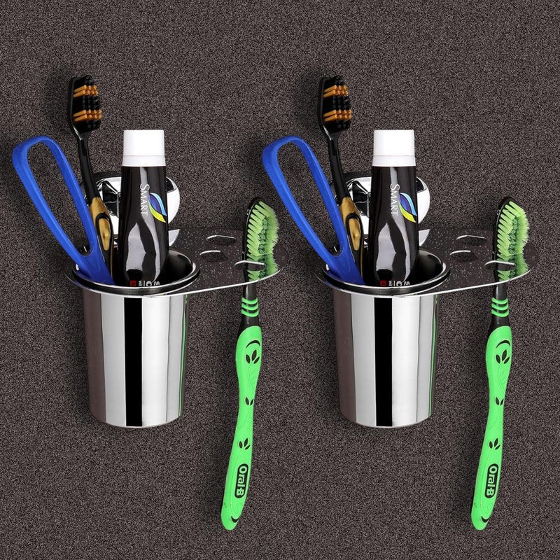 iSTAR Stainless Steel Wall Mounted Toothbrush and Tumbler Holder Set | Corrosion Resistant Multipurpose Glass Toothpaste Stand for Bathroom, Wash Basin, Hotels and Home (Silver, Pack of 2) - Image 1