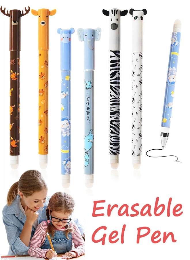 ٦ أقلام جل قابلة للمسح، أقلام حبر أسود برأس ٠٫٥ مم للكتابة والرسم وتدوين الملاحظات، مناسبة للأطفال والكبار، لوازم مكتبية ومدرسية، بنقوش حيوانات - Image 1