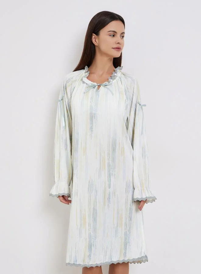 Take Two Take Two Printed Long Sleeve Nightdress with Lace Trim