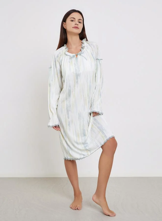 Take Two Take Two Printed Long Sleeve Nightdress with Lace Trim