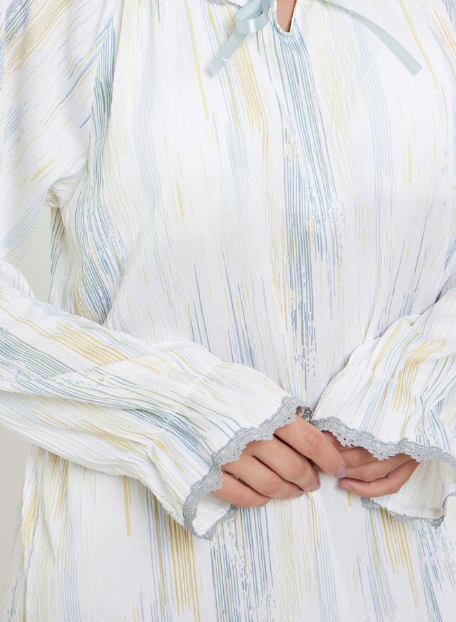 تايك تو قميص نوم مطبوع بأكمام طويلة وتفاصيل دانتيل - Image 3