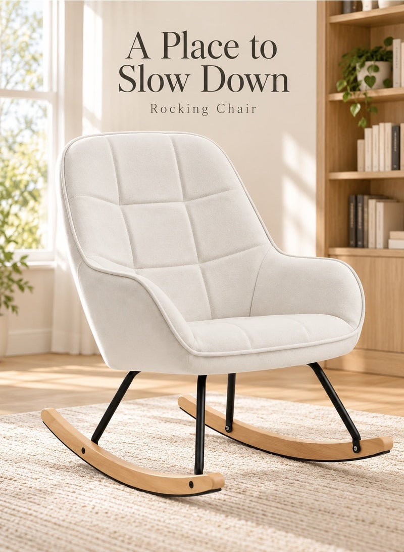 Rich Life Modern Beige Upholstered Rocking Chair – Soft Padded Fabric balcony chair, Ergonomic Curved Backrest, Sturdy Metal Frame with Natural Wooden Rocker Base – Stylish Lounge Chair for Living Room, Nursery & Bedroom Reading Chair - Image 1