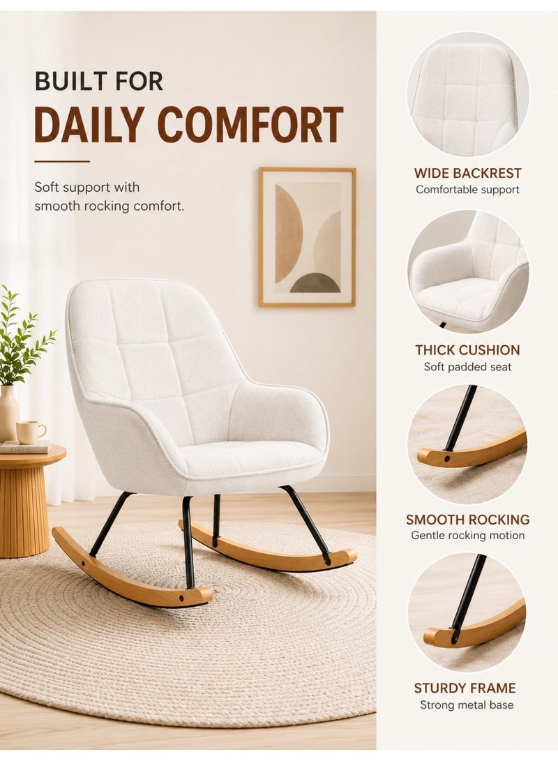 Rich Life Modern Beige Upholstered Rocking Chair – Soft Padded Fabric balcony chair, Ergonomic Curved Backrest, Sturdy Metal Frame with Natural Wooden Rocker Base – Stylish Lounge Chair for Living Room, Nursery & Bedroom Reading Chair - Image 2