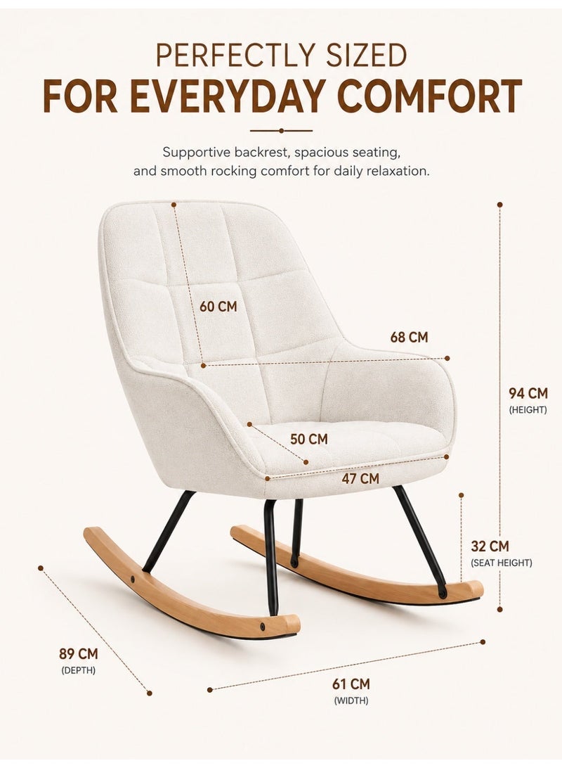 Rich Life Modern Beige Upholstered Rocking Chair – Soft Padded Fabric balcony chair, Ergonomic Curved Backrest, Sturdy Metal Frame with Natural Wooden Rocker Base – Stylish Lounge Chair for Living Room, Nursery & Bedroom Reading Chair - Image 5