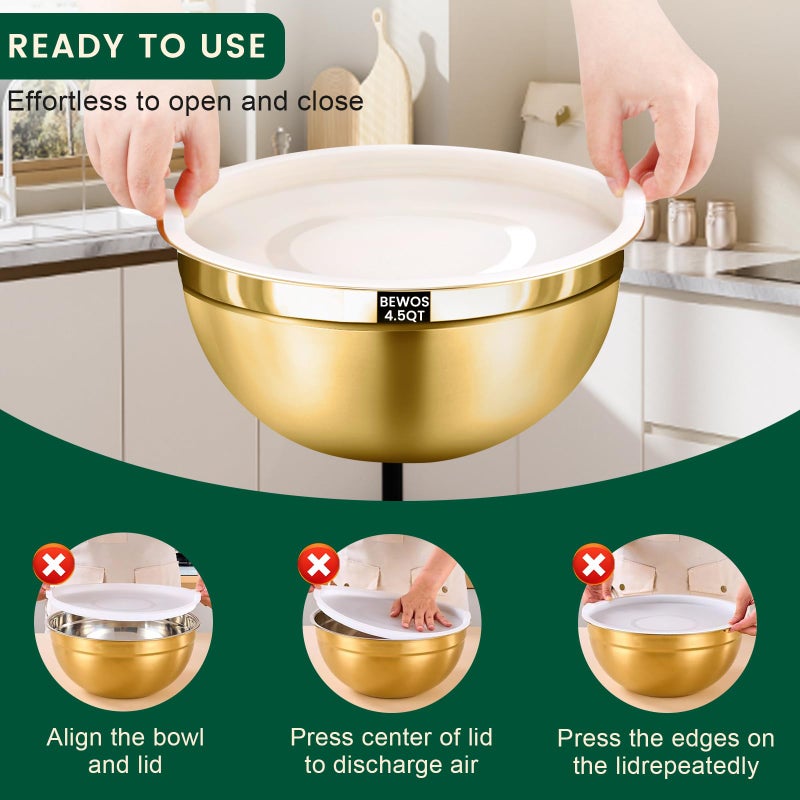 BEWOS 5PCS Mixing Bowls with Lids Set - 5 Stainless Steel Mixing Bowls, Dishwasher Safe, Ideal for Baking & Meal Prep, Stackable Design for Easy Storage - Image 3