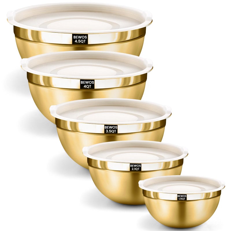 BEWOS 5PCS Mixing Bowls with Lids Set - 5 Stainless Steel Mixing Bowls, Dishwasher Safe, Ideal for Baking & Meal Prep, Stackable Design for Easy Storage - Image 1