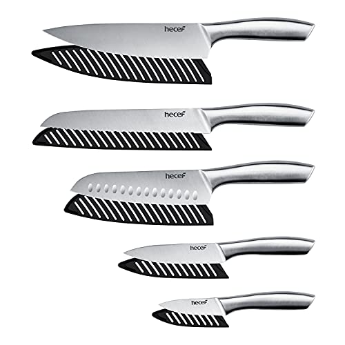 hecef Silver Kitchen knife set of 5, Satin Finish Blade with Hollow Handle, includes 8" Chef, 8" Bread, 8" Santoku, 5" Utility and 3.5" paring knife - Image 4