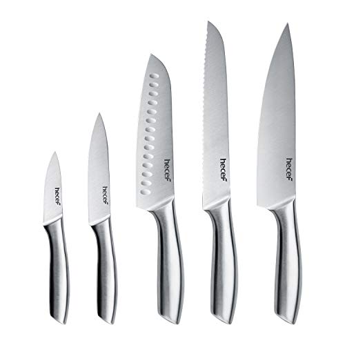 hecef Silver Kitchen knife set of 5, Satin Finish Blade with Hollow Handle, includes 8" Chef, 8" Bread, 8" Santoku, 5" Utility and 3.5" paring knife - Image 1
