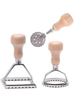 Oasisgalore 3-Piece Ravioli Maker Set with Cutter and Roller Wheel, Wooden Handle & Fluted Edge Mold  - Image 1