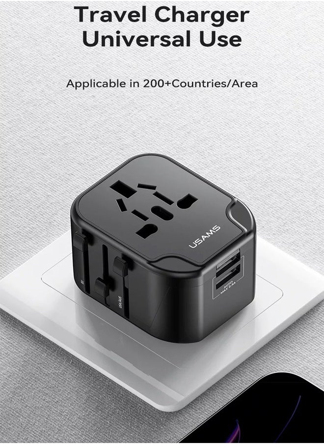 Usams - 20W Universal Travel Adapter Universal Charger International Adapter For 200+ Countries Power Adapter Power Plug Wall Charger AC Power Adapter with Dual USB Charging - Image 1