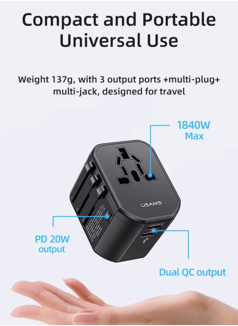 Usams Universal Travel Adapter Upgraded 2025 PD 20W, Fast Charging International Charger Adapter with 1 USB C & 2 USB A Ports, Auto-Resetting Fuse, Surge Protect With 1800W AC Socket compatible with PD3.0/2.0, QC3.0, Iphone 16 & Below, Samsung 25/24, PPS, Macbook, Laptop, Ipad Series | Certified & Safe  - Image 2