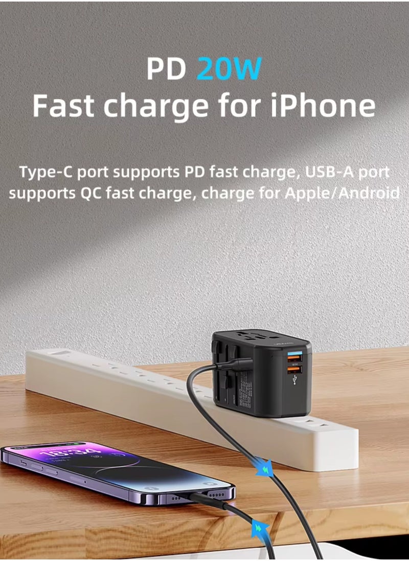 Usams Universal Travel Adapter Upgraded 2025 PD 20W, Fast Charging International Charger Adapter with 1 USB C & 2 USB A Ports, Auto-Resetting Fuse, Surge Protect With 1800W AC Socket compatible with PD3.0/2.0, QC3.0, Iphone 16 & Below, Samsung 25/24, PPS, Macbook, Laptop, Ipad Series | Certified & Safe  - Image 4