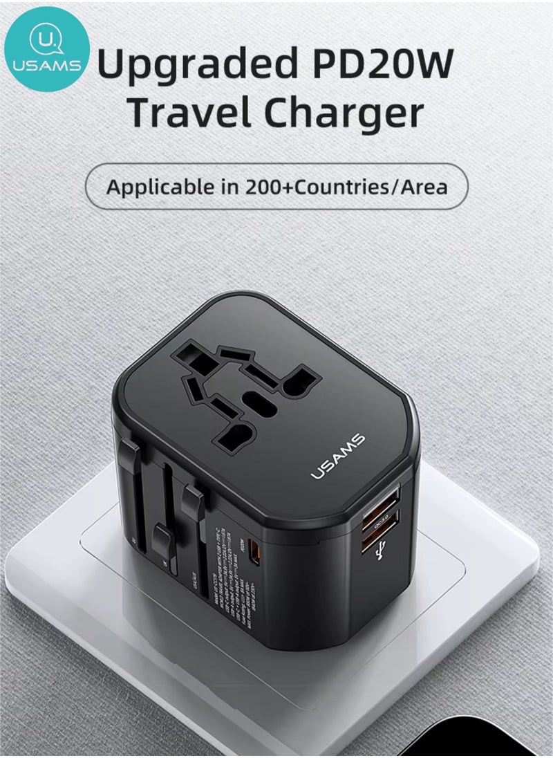 Usams Universal Travel Adapter Upgraded 2025 PD 20W, Fast Charging International Charger Adapter with 1 USB C & 2 USB A Ports, Auto-Resetting Fuse, Surge Protect With 1800W AC Socket compatible with PD3.0/2.0, QC3.0, Iphone 16 & Below, Samsung 25/24, PPS, Macbook, Laptop, Ipad Series | Certified & Safe  - Image 1