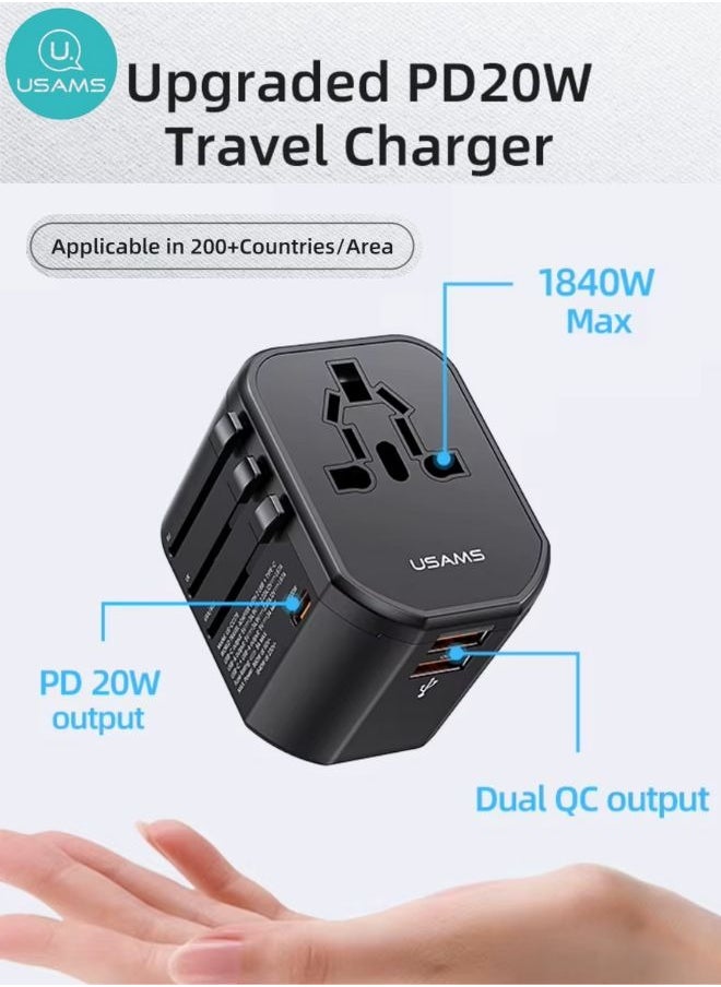 Universal Travel Adapter Upgraded 2025 PD 20W, Fast Charging International Charger Adapter with 1 USB C & 2 USB A Ports, Auto-Resetting Fuse, Surge Protect With 1800W AC Socket compatible with PD3.0/2.0, QC3.0, Iphone 16 & Below, Samsung 25/24, PPS, Macbook, Laptop, Ipad Series | Certified & Safe