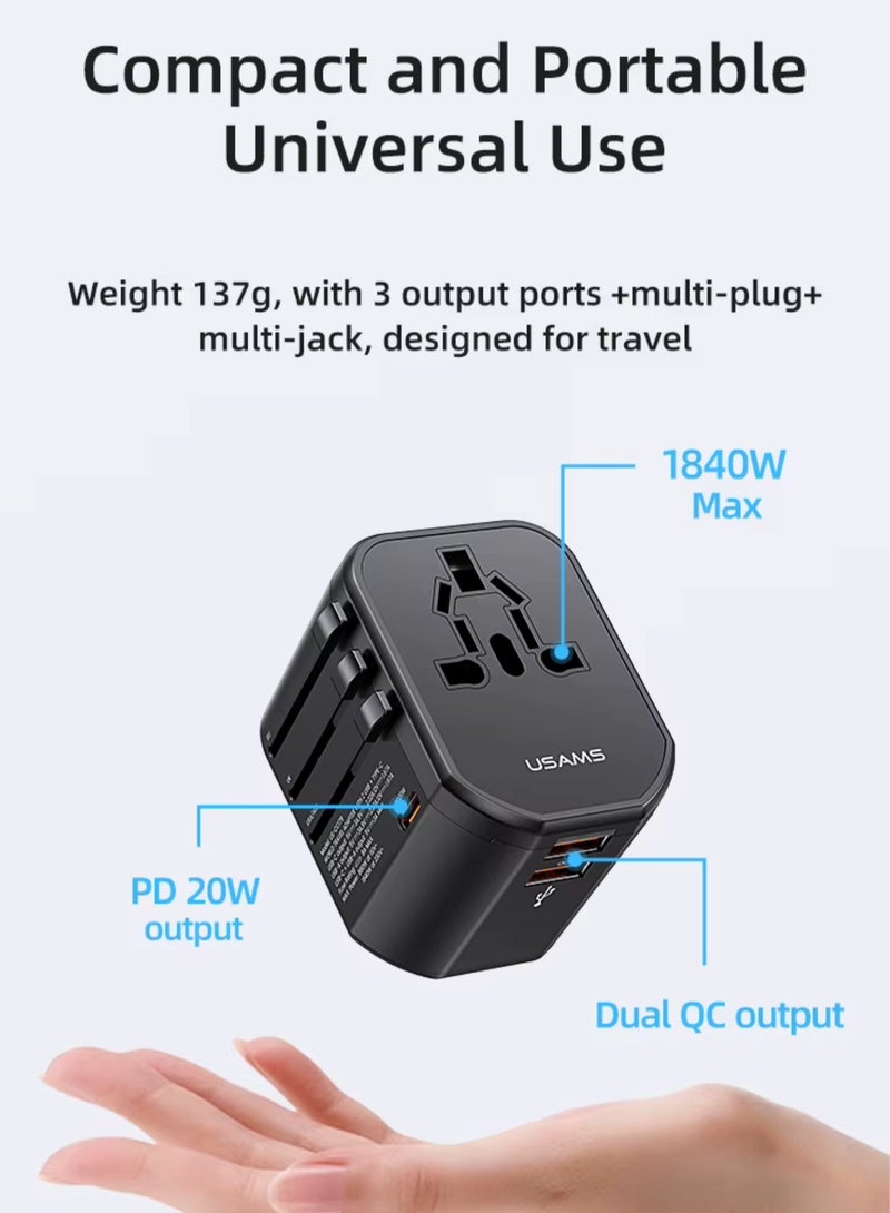 Usams Universal Travel Adapter Upgraded 2025 PD 20W, Fast Charging International Charger Adapter with 1 USB C & 2 USB A Ports, Auto-Resetting Fuse, Surge Protect With 1800W AC Socket compatible with PD3.0/2.0, QC3.0, Iphone 16 & Below, Samsung 25/24, PPS, Macbook, Laptop, Ipad Series | Certified & Safe  - Image 3