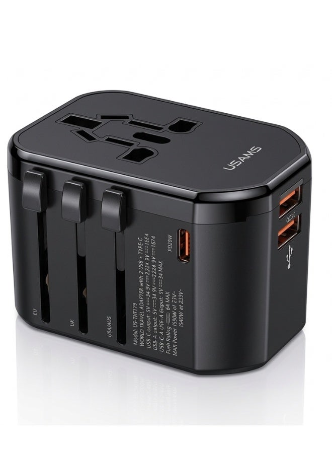 Usams Universal All in One International Travel Adapter 2026 – Charge Multiple Devices Anywhere with US/UK/EU/AU Plugs | PD 20W USB-C + Dual USB-A, Auto-Reset Fuse, Surge Protection & LED Indicator | Compatible with iPhone 16–8, Samsung Galaxy S25–S7, Google Pixel, Huawei, Xiaomi, OnePlus, Oppo, MacBook, iPad, Tablets, AirPods, Smartwatches | Safe & Certified for Worldwide Travel - Image 1