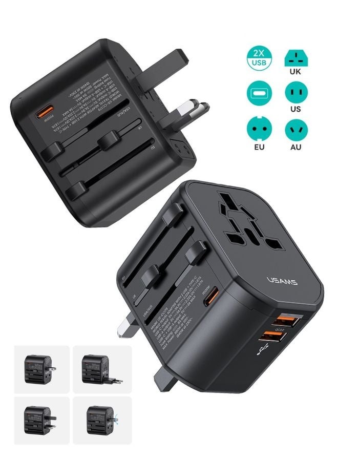 Usams Universal All in One International Travel Adapter 2026 – Charge Multiple Devices Anywhere with US/UK/EU/AU Plugs | PD 20W USB-C + Dual USB-A, Auto-Reset Fuse, Surge Protection & LED Indicator | Compatible with iPhone 16–8, Samsung Galaxy S25–S7, Google Pixel, Huawei, Xiaomi, OnePlus, Oppo, MacBook, iPad, Tablets, AirPods, Smartwatches | Safe & Certified for Worldwide Travel - Image 2