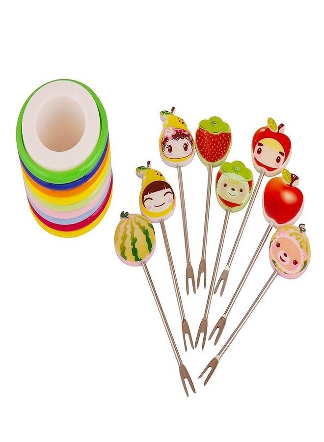 FASHRAMP Fruit Fork Set | Kids/Baby Forks | Stainless Steel & Plastic | Set of 8 Pcs with Rings Stand - Image 4