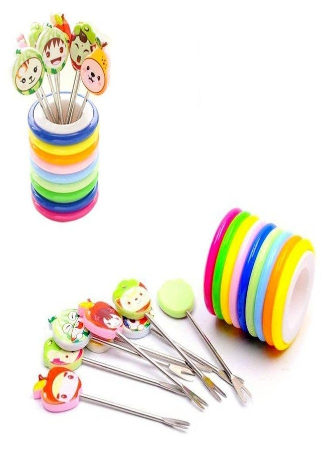 FASHRAMP Fruit Fork Set | Kids/Baby Forks | Stainless Steel & Plastic | Set of 8 Pcs with Rings Stand - Image 1